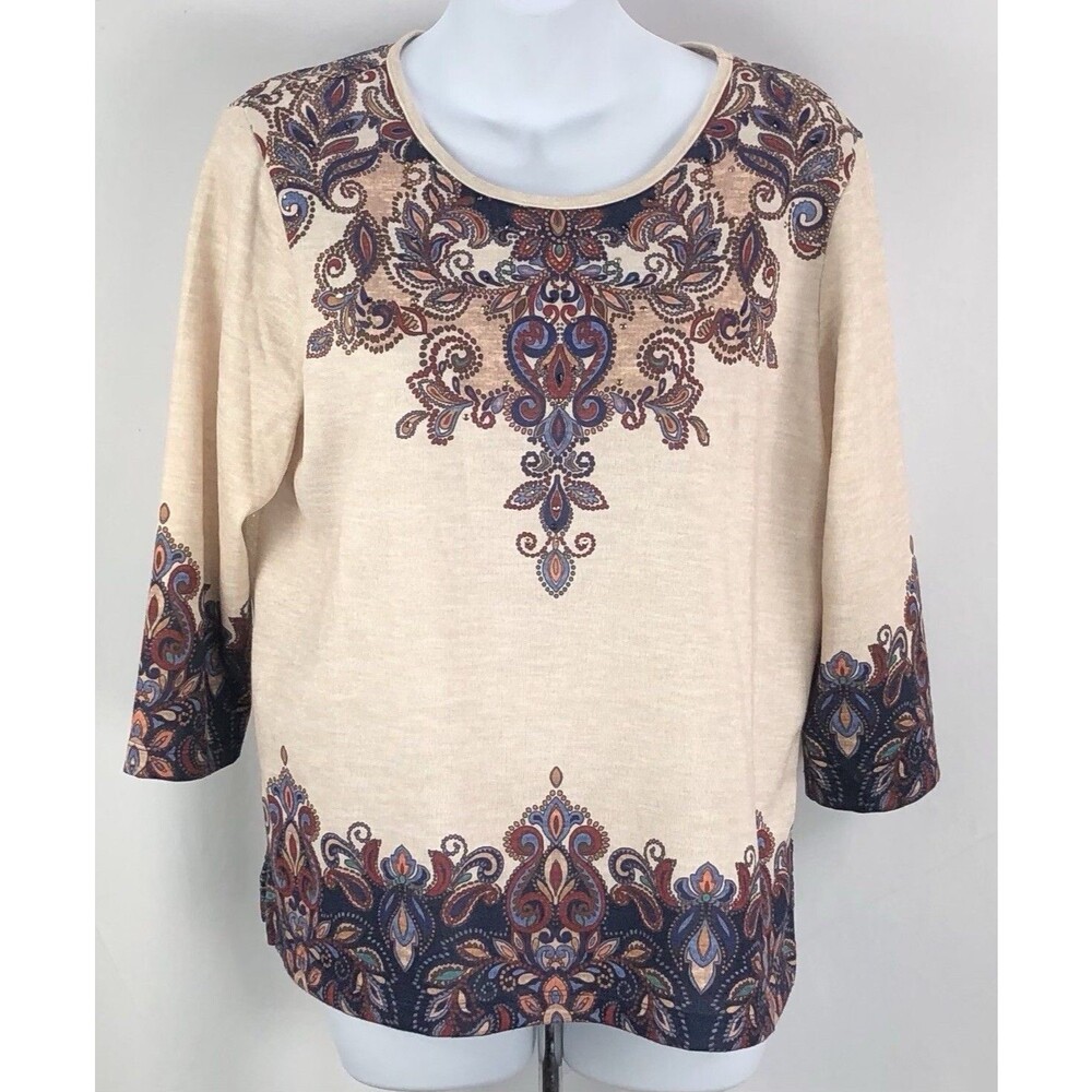 Alfred Dunner Knit Pull Over Top PM Tan Multi Geo Beaded Crochet Back 3/4Sleeve
